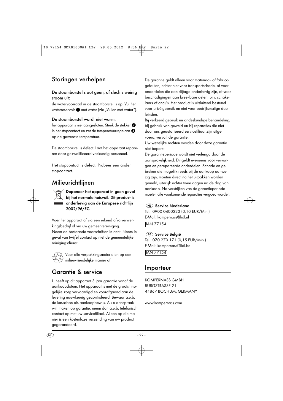 Storingen verhelpen, Milieurichtlijnen, Garantie & service | Importeur | Silvercrest SDRB 1000 A1 User Manual | Page 24 / 46
