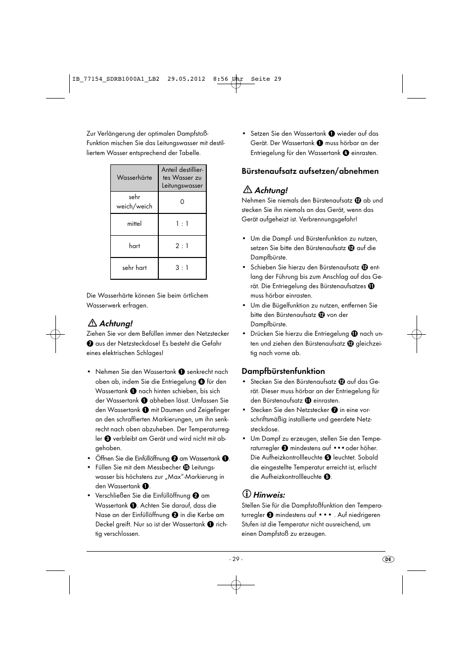 Achtung, Bürstenaufsatz aufsetzen/abnehmen achtung, Dampfbürstenfunktion | Hinweis | Silvercrest SDRB 1000 A1 User Manual | Page 31 / 46