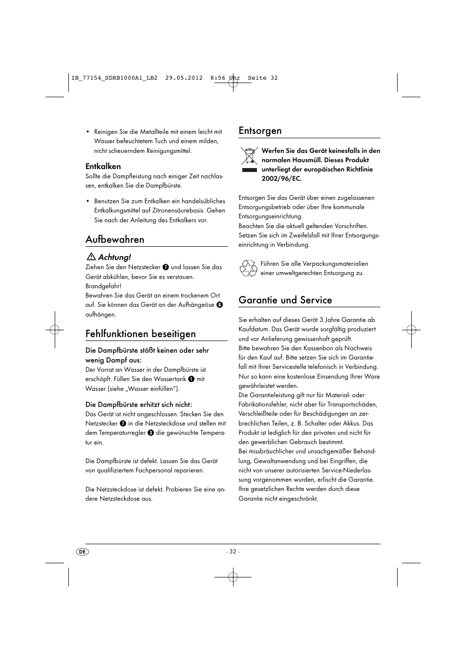 Aufbewahren, Fehlfunktionen beseitigen, Entsorgen | Garantie und service | Silvercrest SDRB 1000 A1 User Manual | Page 34 / 46