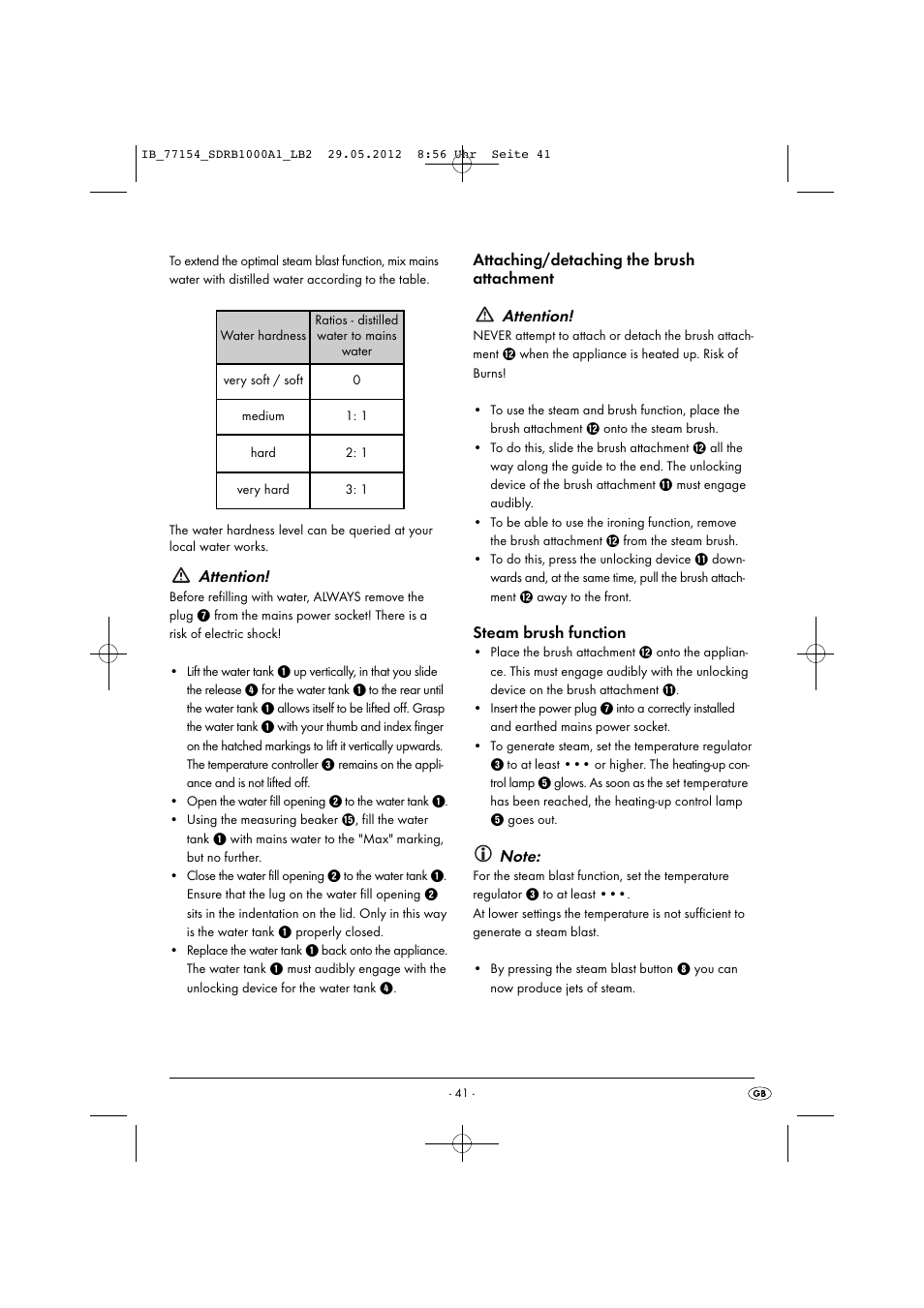 Attention, Attaching/detaching the brush attachment attention, Steam brush function | Silvercrest SDRB 1000 A1 User Manual | Page 43 / 46