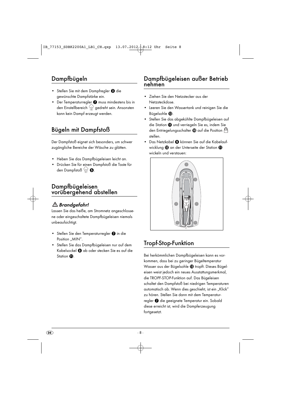 Dampfbügeln, Bügeln mit dampfstoß, Dampfbügeleisen vorübergehend abstellen | Dampfbügeleisen außer betrieb nehmen, Tropf-stop-funktion | Silvercrest SDBK 2200 A1 User Manual | Page 10 / 42