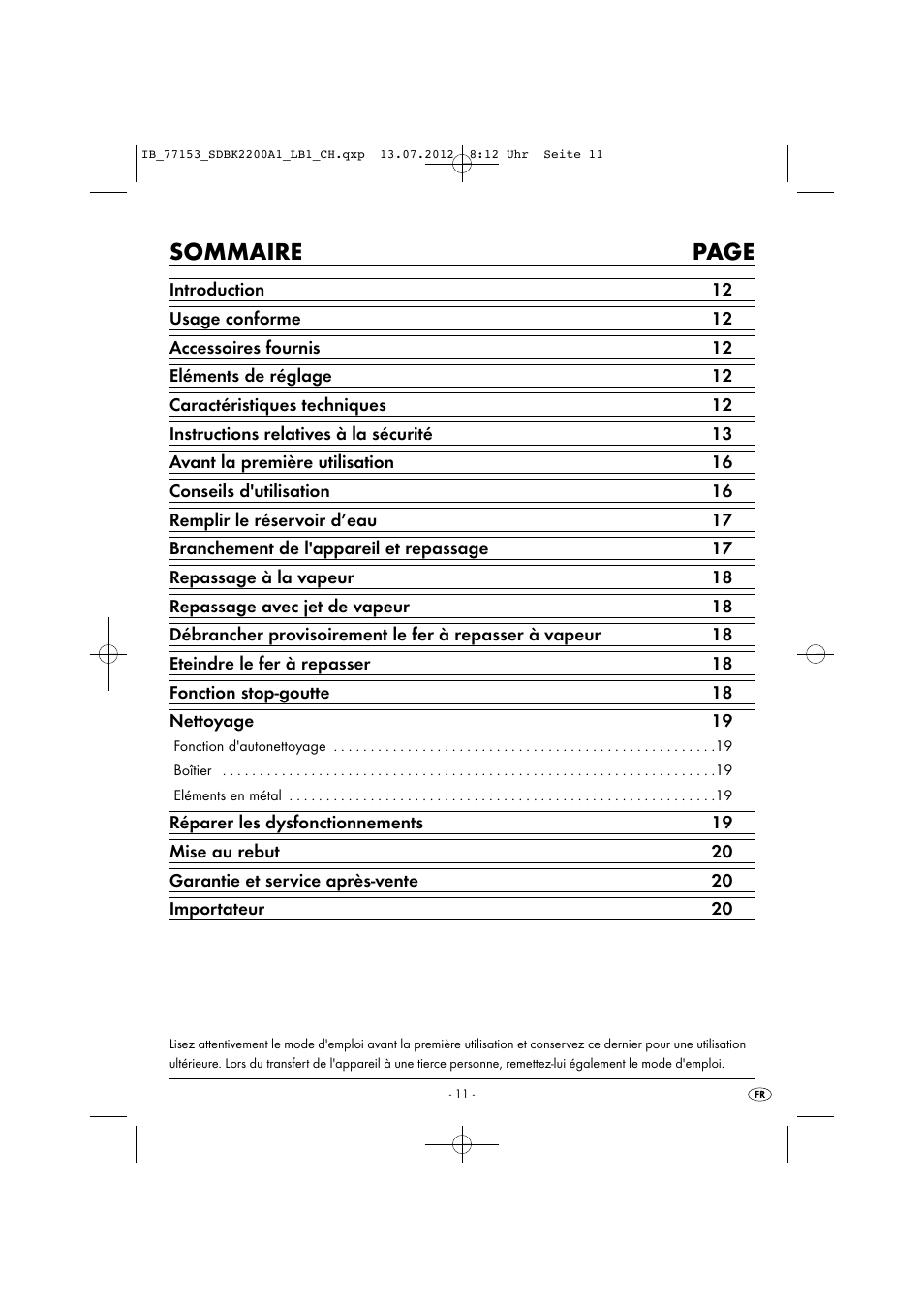 Sommaire page | Silvercrest SDBK 2200 A1 User Manual | Page 13 / 42