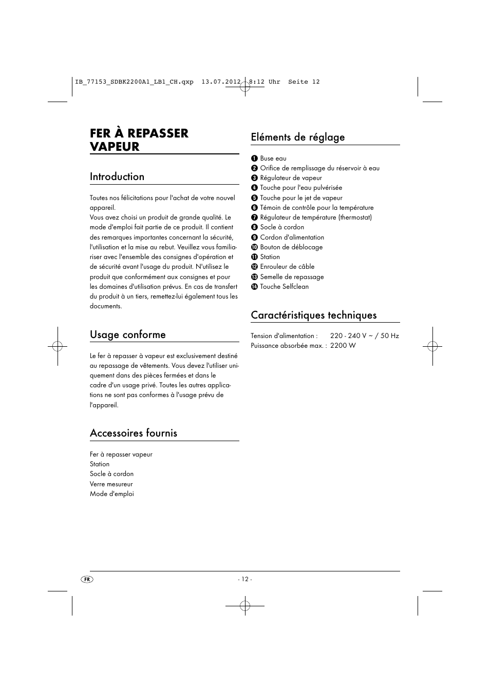 Fer à repasser vapeur, Introduction, Usage conforme | Accessoires fournis, Eléments de réglage, Caractéristiques techniques | Silvercrest SDBK 2200 A1 User Manual | Page 14 / 42