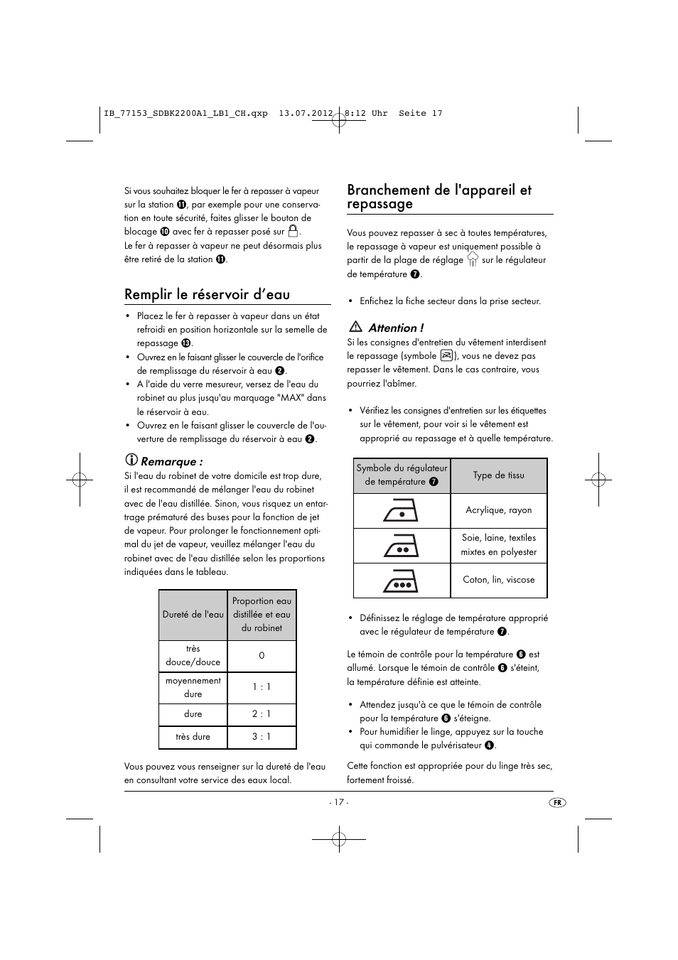 Remplir le réservoir d’eau, Branchement de l'appareil et repassage, Remarque | Attention | Silvercrest SDBK 2200 A1 User Manual | Page 19 / 42