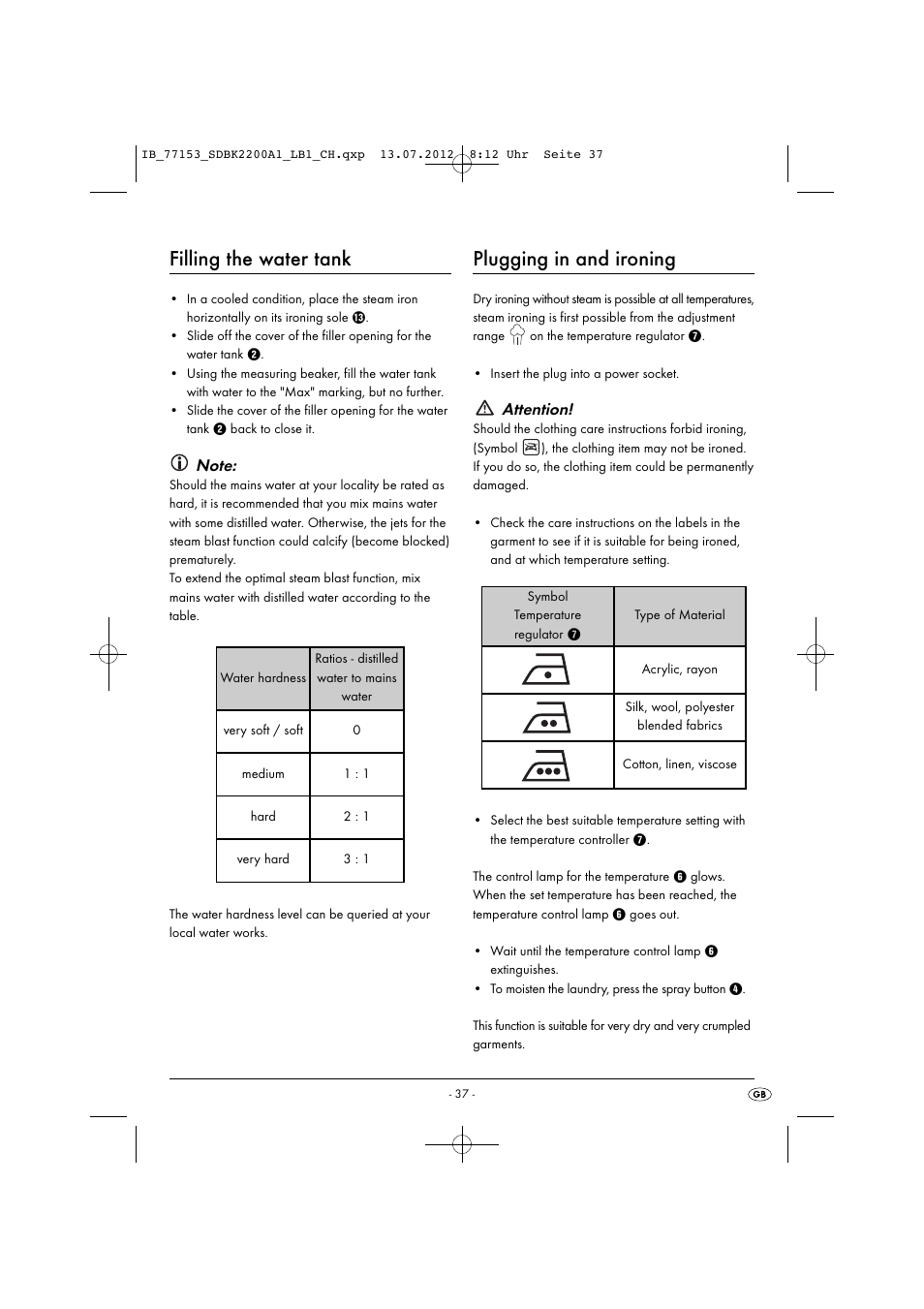 Filling the water tank, Plugging in and ironing, Attention | Silvercrest SDBK 2200 A1 User Manual | Page 39 / 42