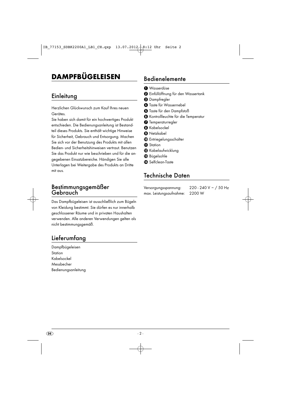Dampfbügeleisen, Einleitung, Bestimmungsgemäßer gebrauch | Lieferumfang, Bedienelemente, Technische daten | Silvercrest SDBK 2200 A1 User Manual | Page 4 / 42