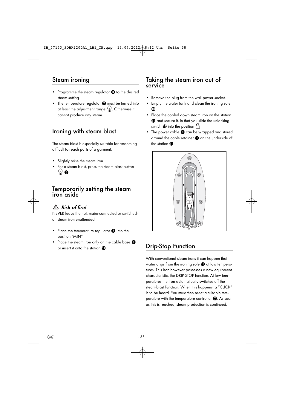 Steam ironing, Ironing with steam blast, Temporarily setting the steam iron aside | Taking the steam iron out of service, Drip-stop function | Silvercrest SDBK 2200 A1 User Manual | Page 40 / 42