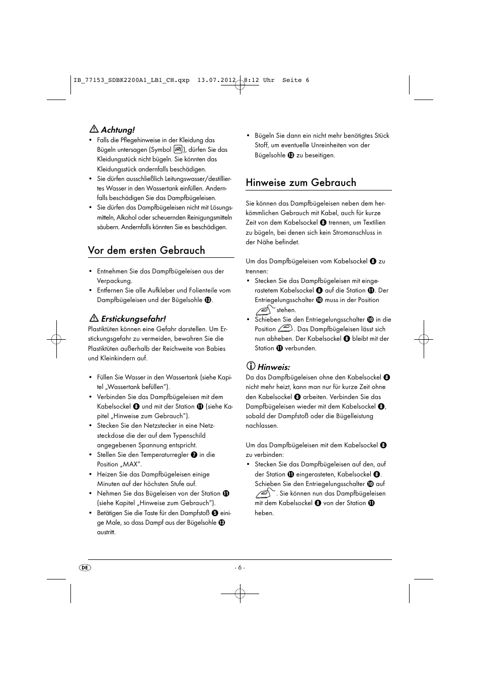 Vor dem ersten gebrauch, Hinweise zum gebrauch, Achtung | Erstickungsefahr, Hinweis | Silvercrest SDBK 2200 A1 User Manual | Page 8 / 42