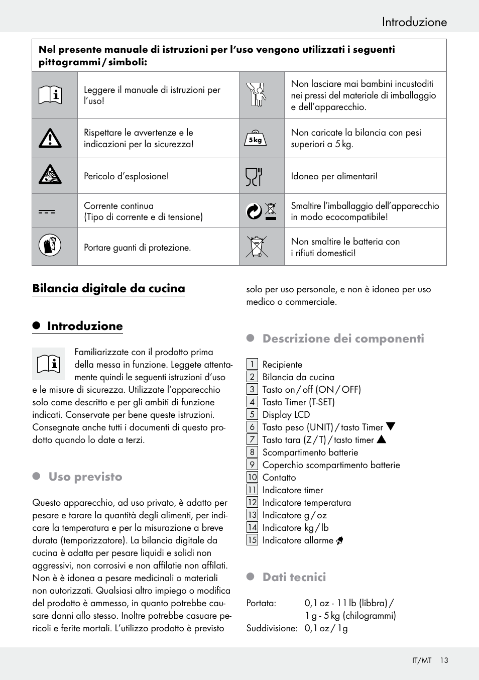 Introduzione, Bilancia digitale da cucina, Uso previsto | Descrizione dei componenti, Dati tecnici | Silvercrest H14271 User Manual | Page 13 / 43