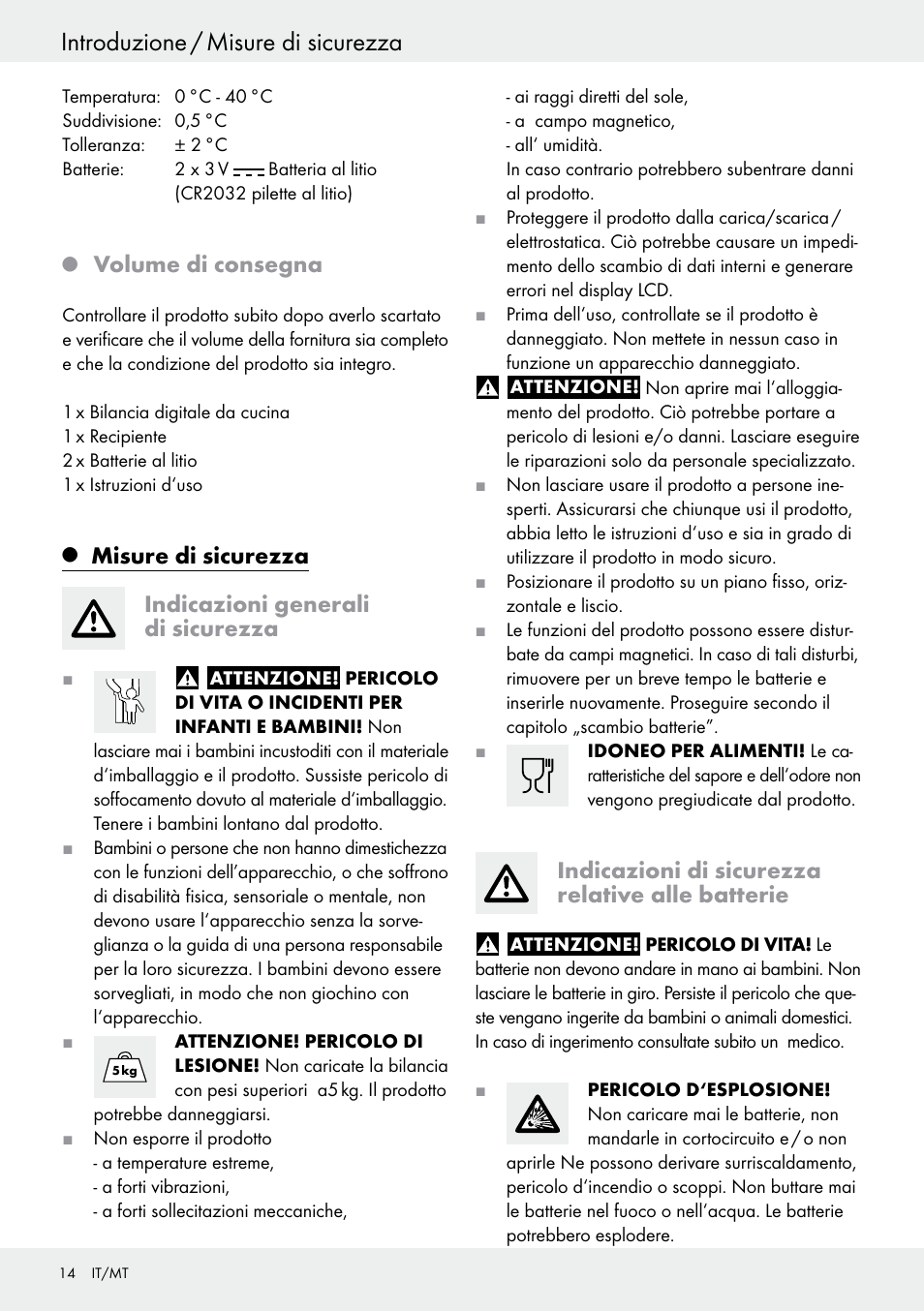 Introduzione / misure di sicurezza, Volume di consegna, Indicazioni di sicurezza relative alle batterie | Silvercrest H14271 User Manual | Page 14 / 43
