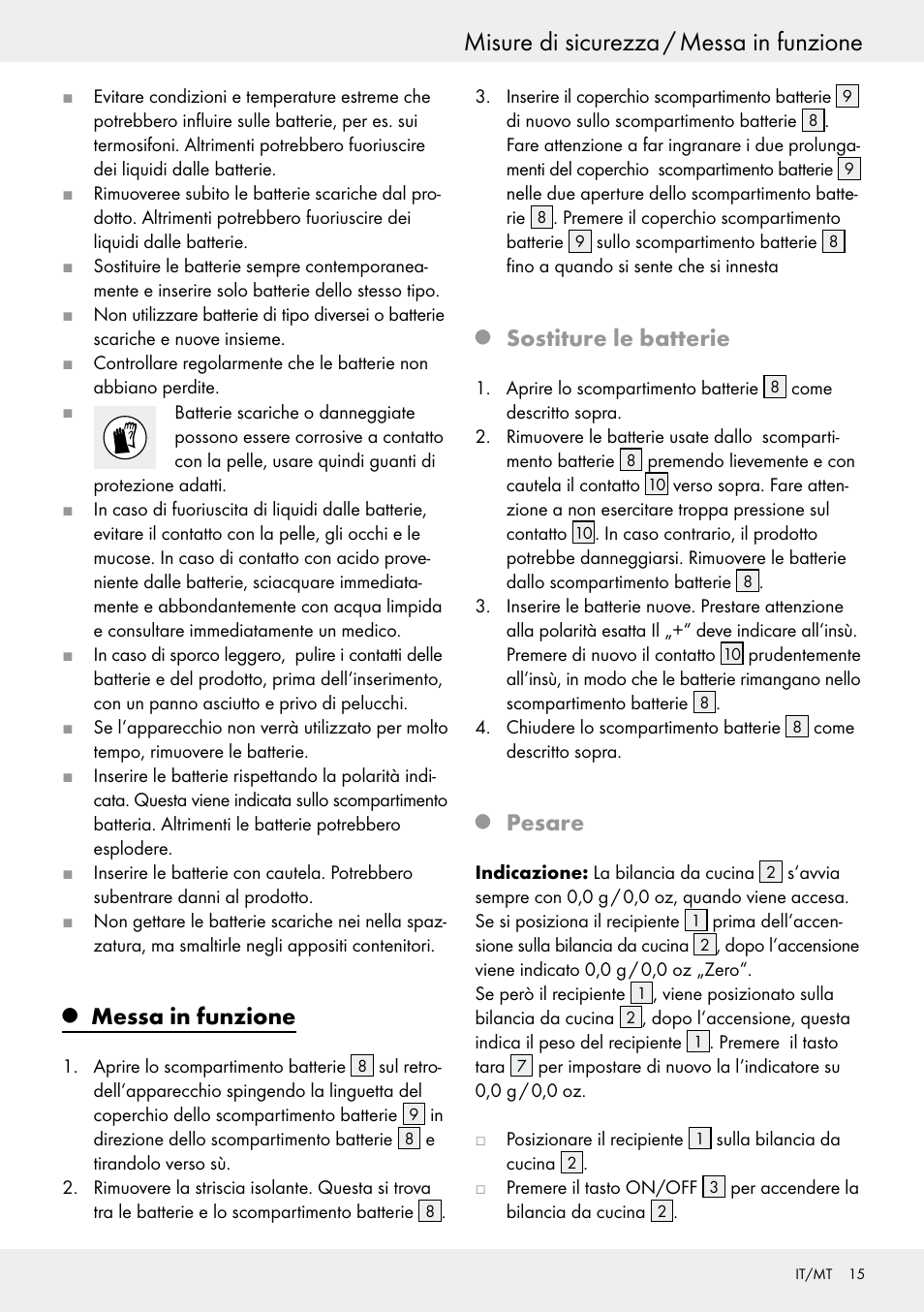 Misure di sicurezza / messa in funzione, Messa in funzione, Sostiture le batterie | Pesare | Silvercrest H14271 User Manual | Page 15 / 43
