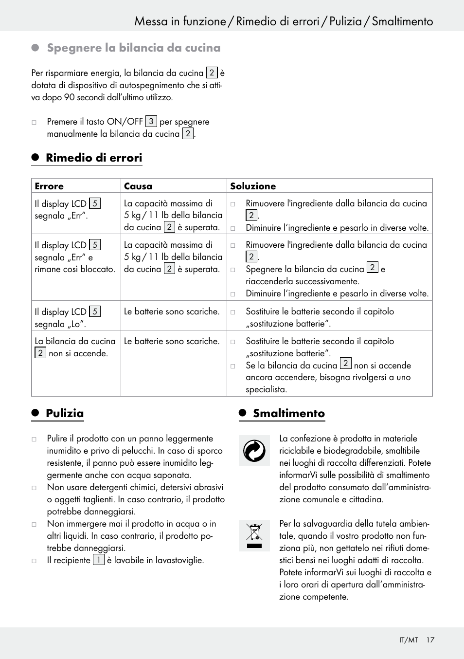Spegnere la bilancia da cucina, Pulizia, Smaltimento | Rimedio di errori | Silvercrest H14271 User Manual | Page 17 / 43