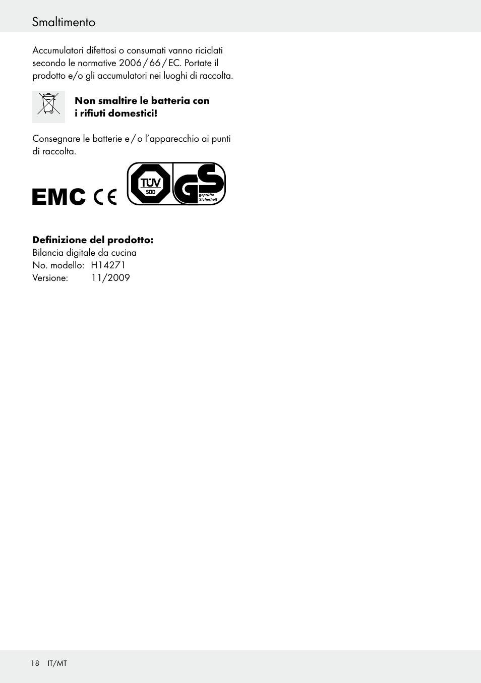Smaltimento | Silvercrest H14271 User Manual | Page 18 / 43