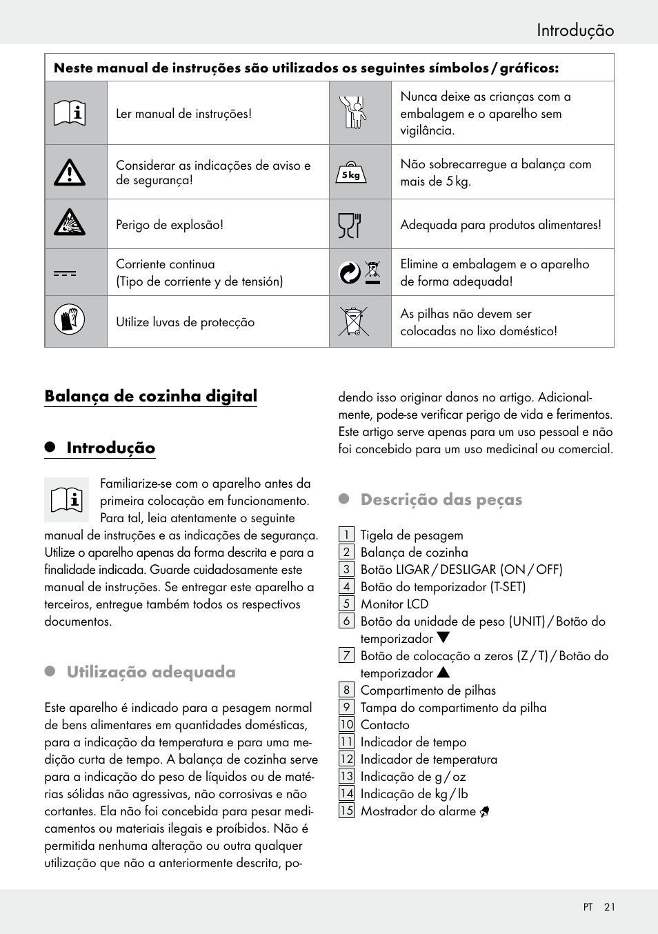 Introdução, Balança de cozinha digital, Utilização adequada | Descrição das peças | Silvercrest H14271 User Manual | Page 21 / 43