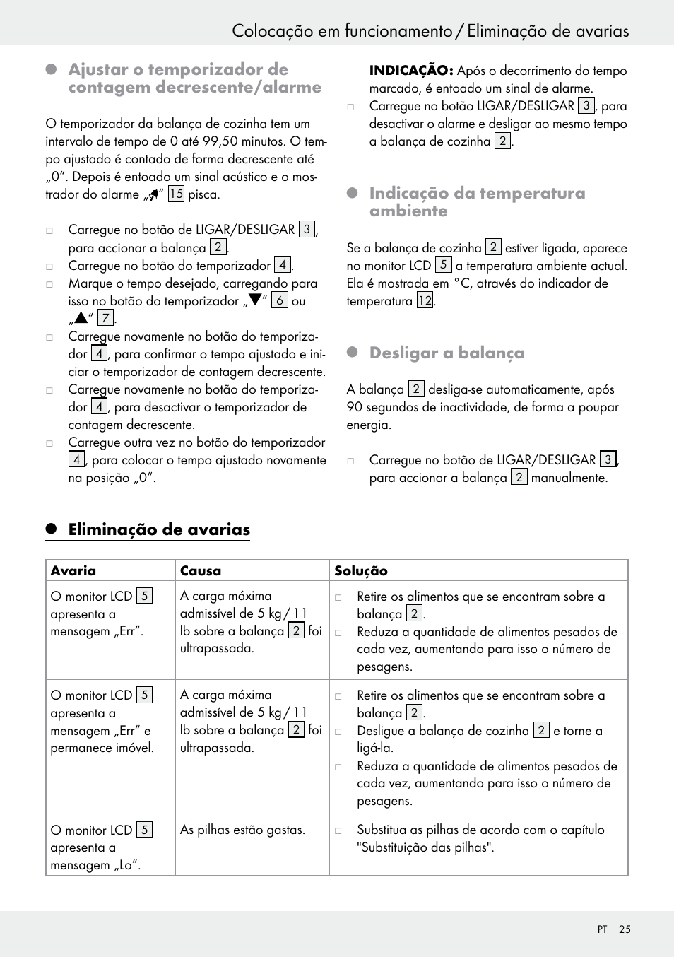 Colocação em funcionamento / eliminação de avarias, Indicação da temperatura ambiente, Desligar a balança | Eliminação de avarias | Silvercrest H14271 User Manual | Page 25 / 43