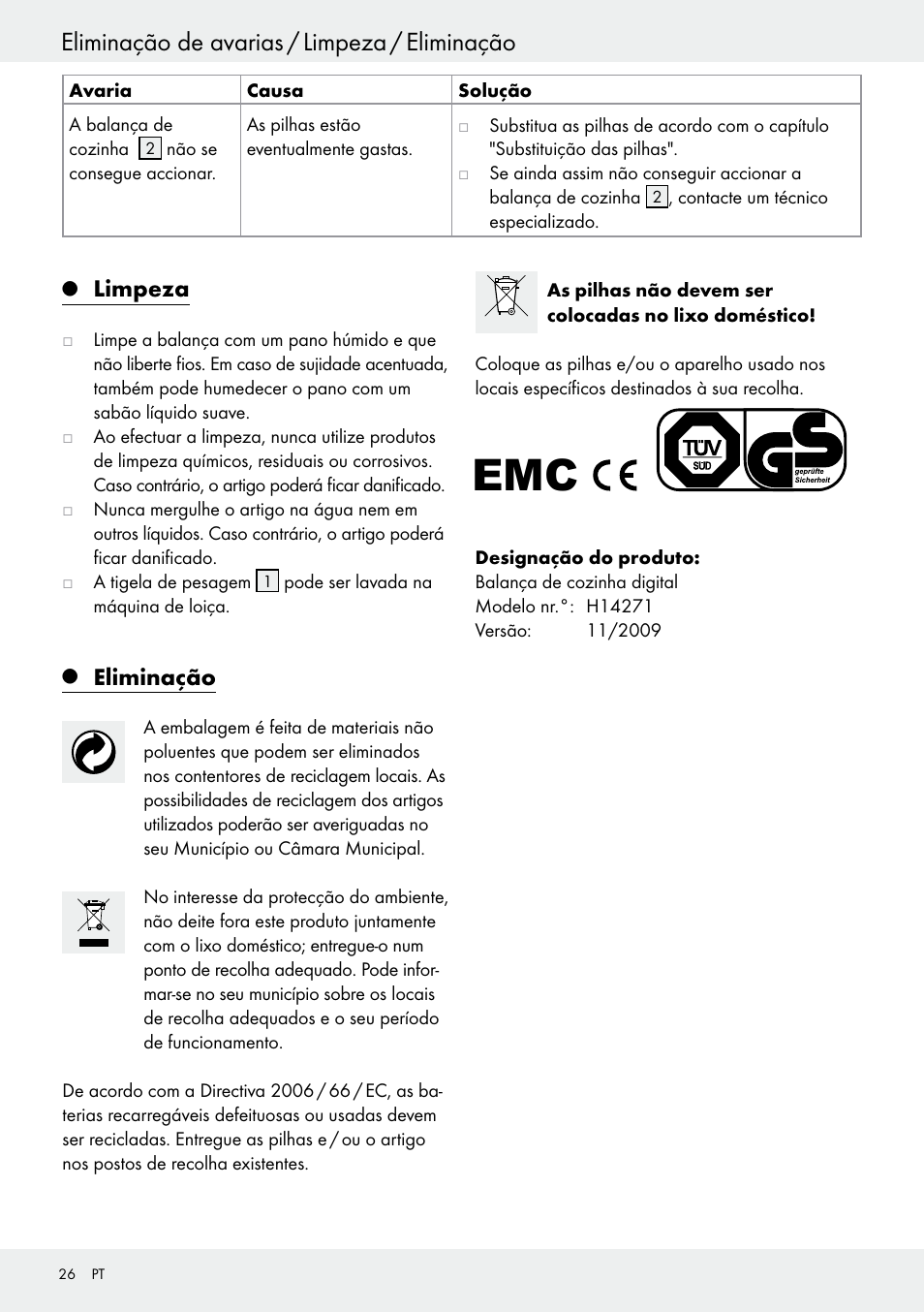 Eliminação de avarias / limpeza / eliminação, Limpeza, Eliminação | Silvercrest H14271 User Manual | Page 26 / 43