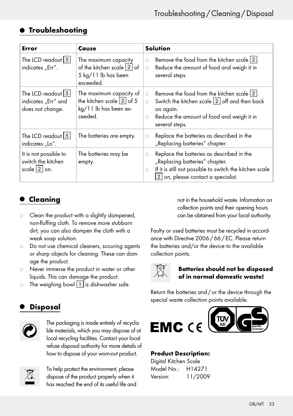 Troubleshooting / cleaning / disposal, Cleaning, Disposal | Troubleshooting | Silvercrest H14271 User Manual | Page 33 / 43