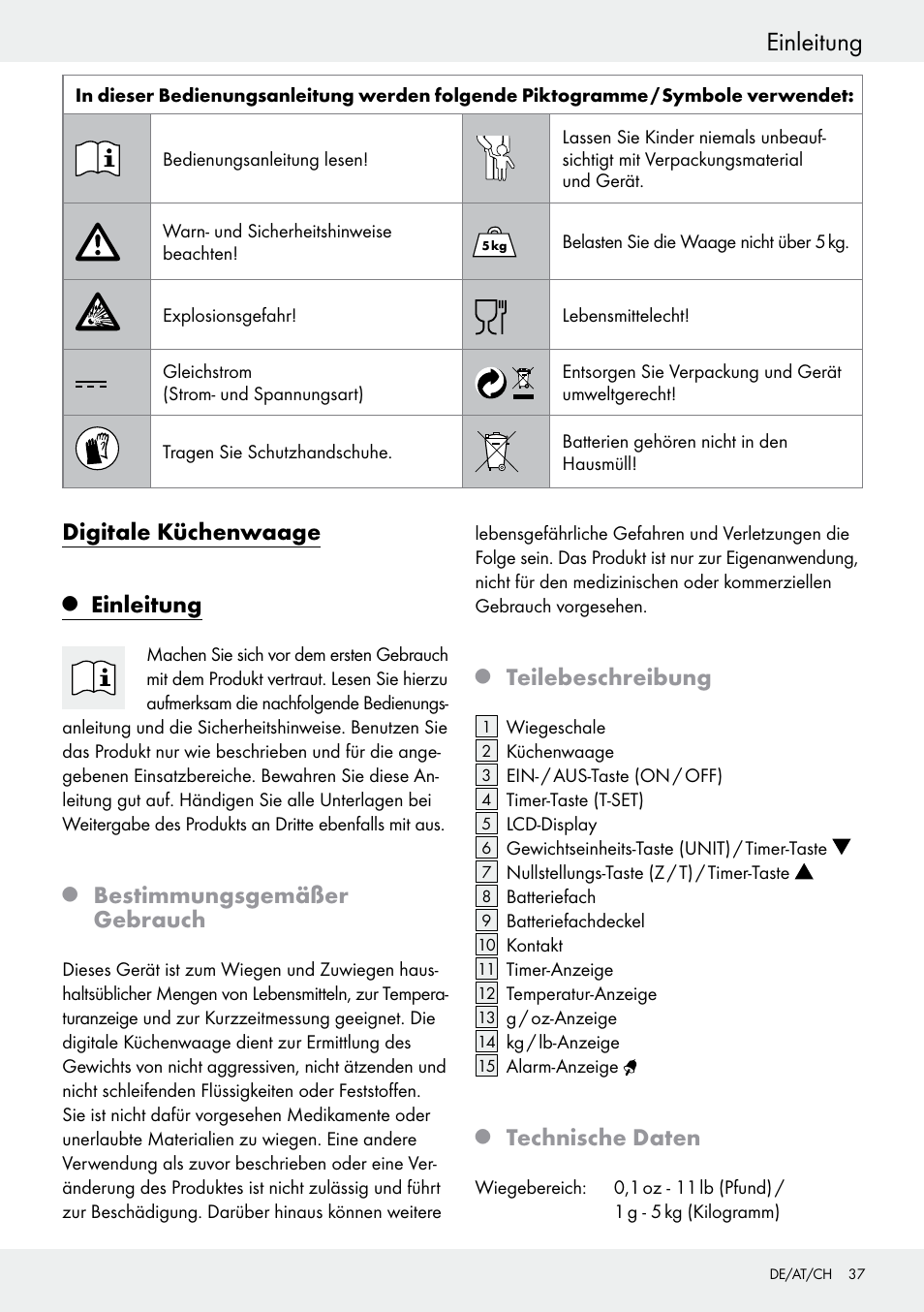 Einleitung, Digitale küchenwaage, Bestimmungsgemäßer gebrauch | Teilebeschreibung, Technische daten | Silvercrest H14271 User Manual | Page 37 / 43