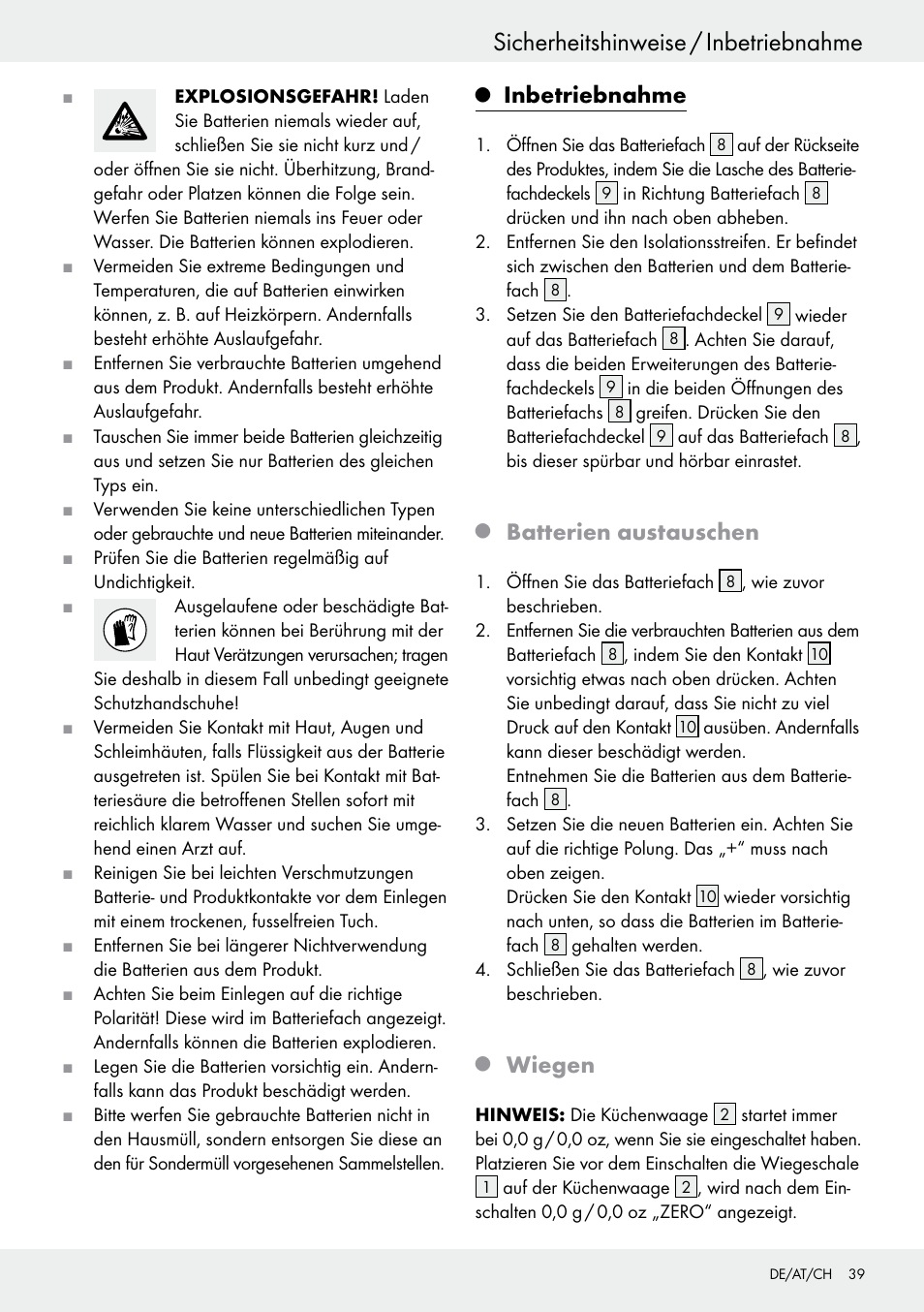Sicherheitshinweise / inbetriebnahme, Inbetriebnahme, Batterien austauschen | Wiegen | Silvercrest H14271 User Manual | Page 39 / 43