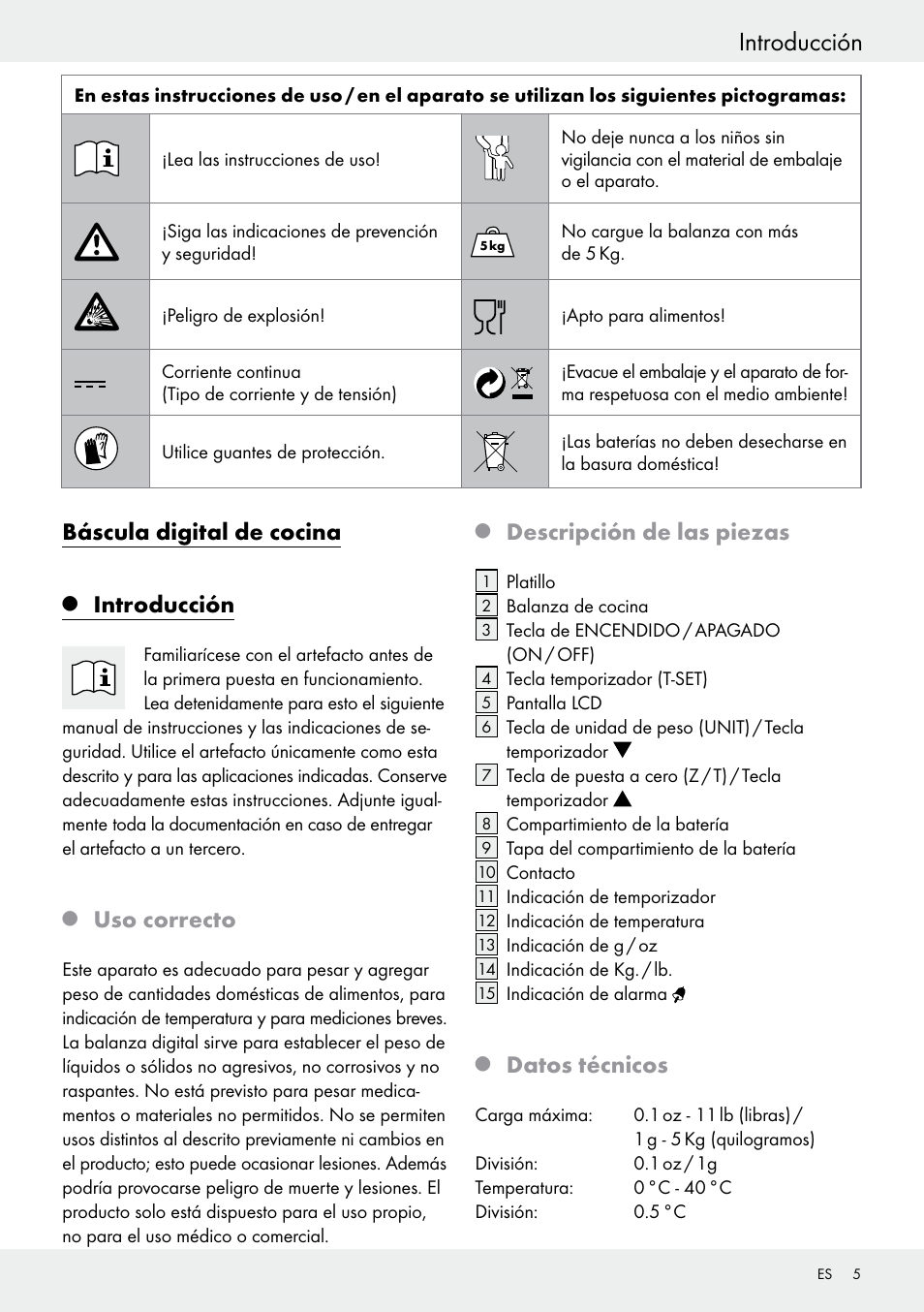 Introducción, Báscula digital de cocina, Uso correcto | Descripción de las piezas, Datos técnicos | Silvercrest H14271 User Manual | Page 5 / 43