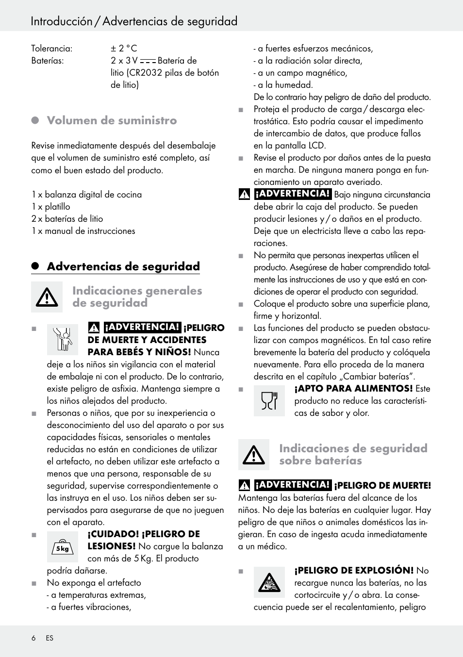 Introducción / advertencias de seguridad, Volumen de suministro, Indicaciones de seguridad sobre baterías | Silvercrest H14271 User Manual | Page 6 / 43