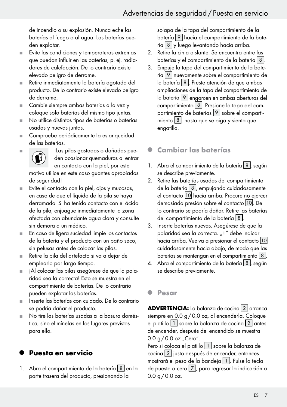 Advertencias de seguridad / puesta en servicio, Puesta en servicio, Cambiar las baterías | Pesar | Silvercrest H14271 User Manual | Page 7 / 43