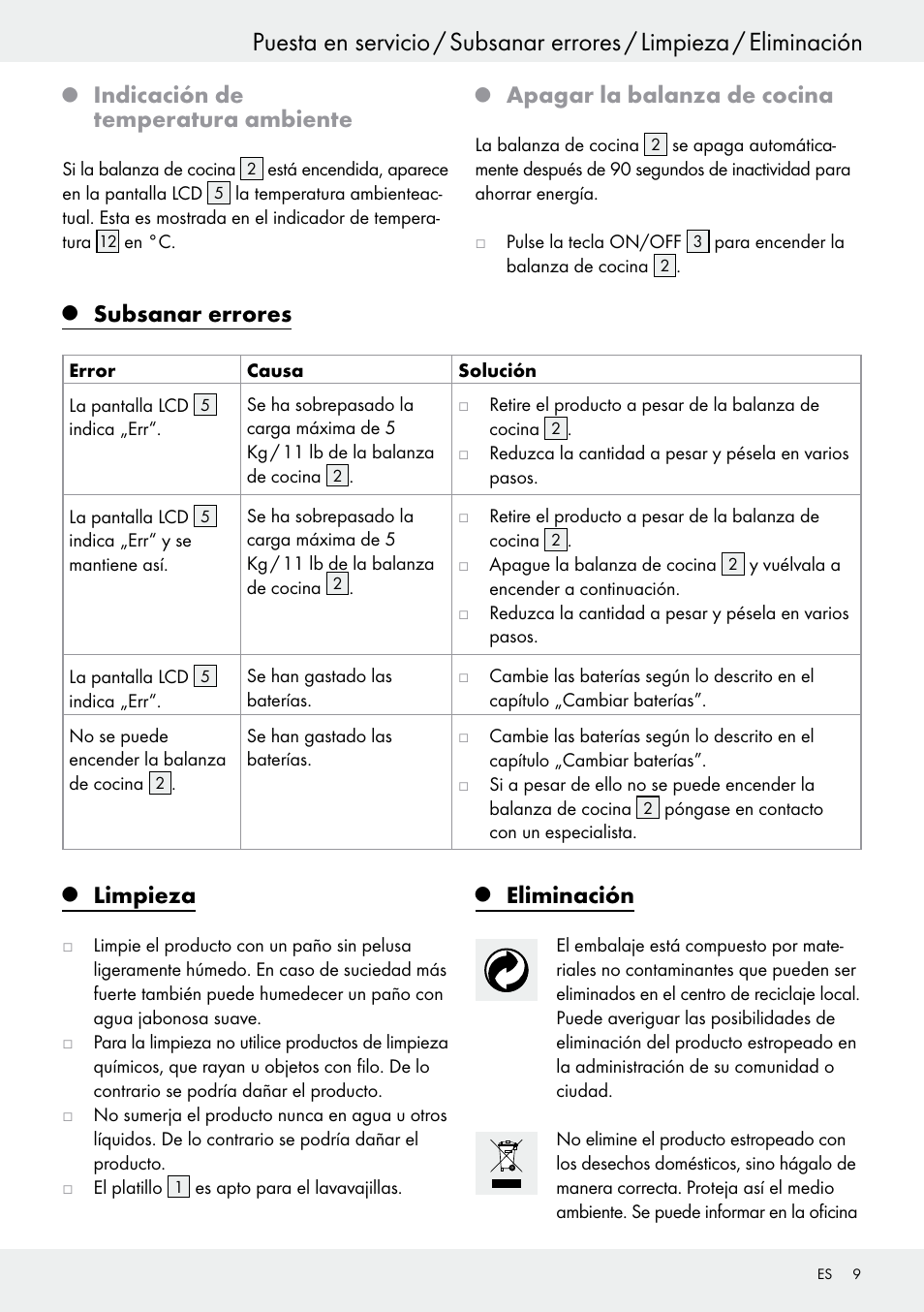 Indicación de temperatura ambiente, Apagar la balanza de cocina, Subsanar errores | Limpieza, Eliminación | Silvercrest H14271 User Manual | Page 9 / 43