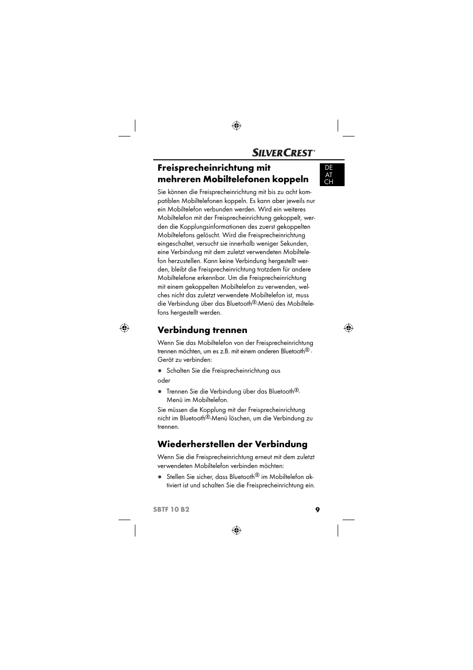 Verbindung trennen, Wiederherstellen der verbindung | Silvercrest SBTF 10 B2 User Manual | Page 12 / 80