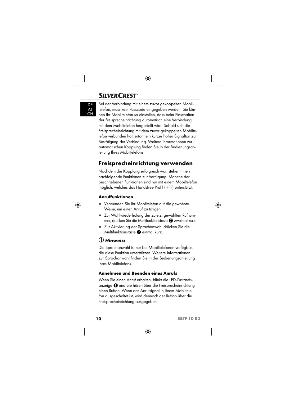 Freisprecheinrichtung verwenden, Hinweis | Silvercrest SBTF 10 B2 User Manual | Page 13 / 80