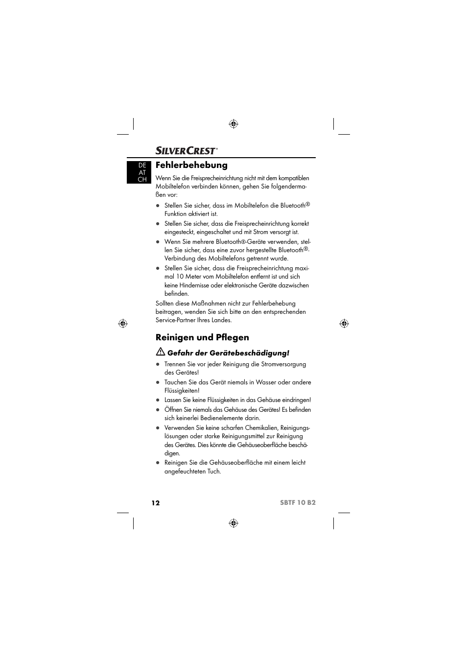 Fehlerbehebung, Reinigen und pﬂ egen | Silvercrest SBTF 10 B2 User Manual | Page 15 / 80