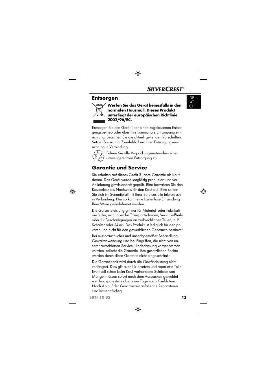 Entsorgen, Garantie und service | Silvercrest SBTF 10 B2 User Manual | Page 16 / 80