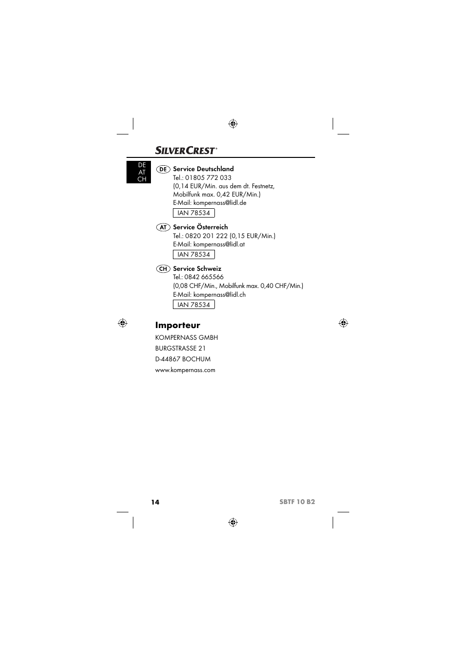Importeur | Silvercrest SBTF 10 B2 User Manual | Page 17 / 80