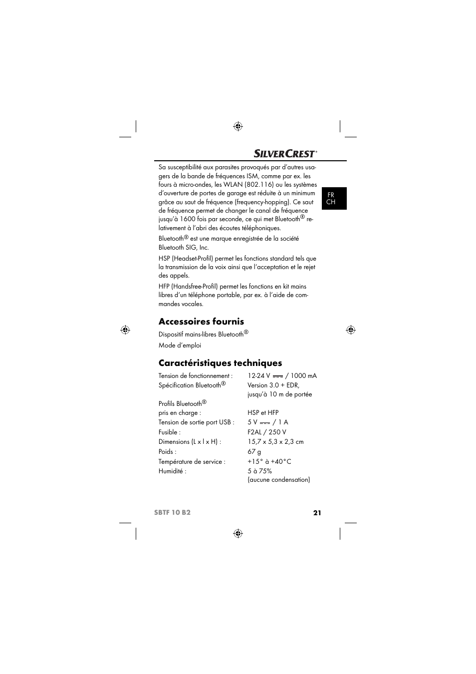 Accessoires fournis, Caractéristiques techniques | Silvercrest SBTF 10 B2 User Manual | Page 24 / 80