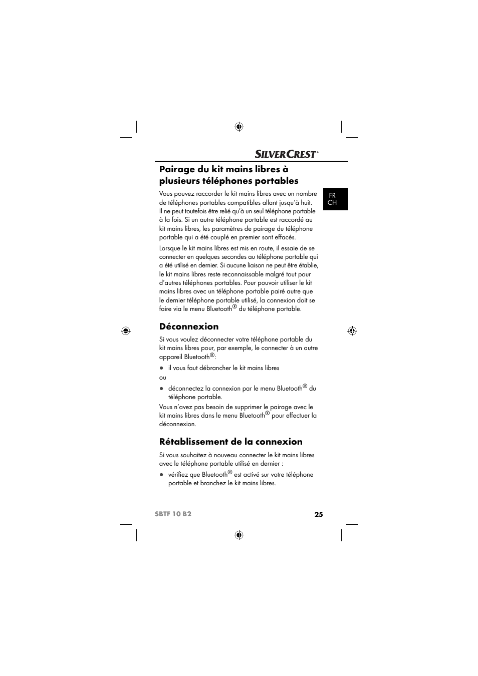 Déconnexion, Rétablissement de la connexion | Silvercrest SBTF 10 B2 User Manual | Page 28 / 80