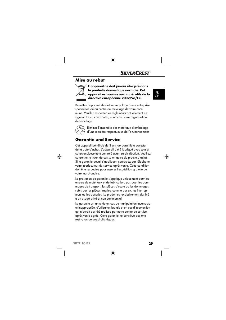 Mise au rebut, Garantie und service | Silvercrest SBTF 10 B2 User Manual | Page 32 / 80