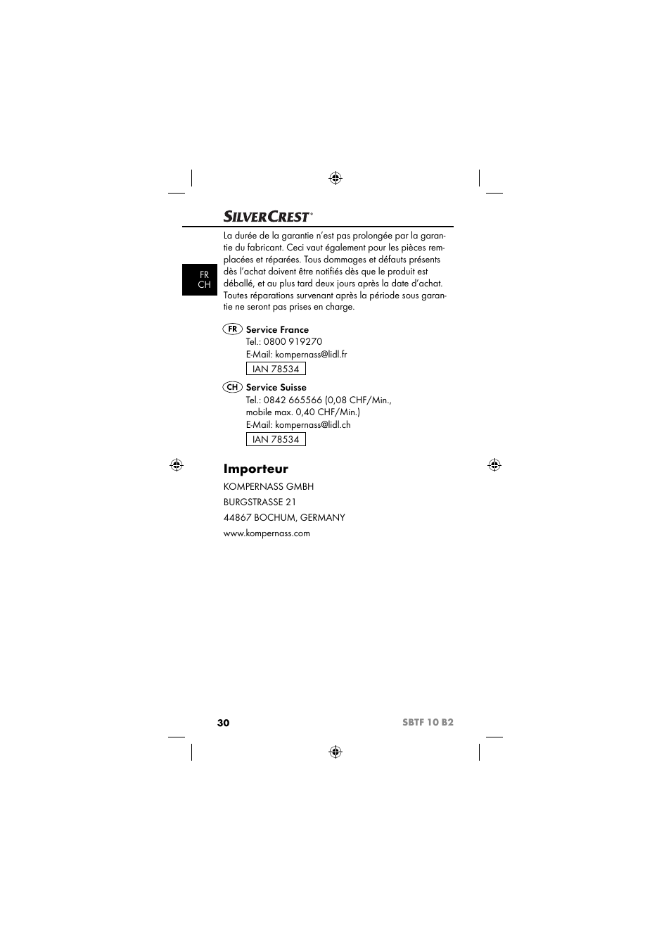 Importeur | Silvercrest SBTF 10 B2 User Manual | Page 33 / 80