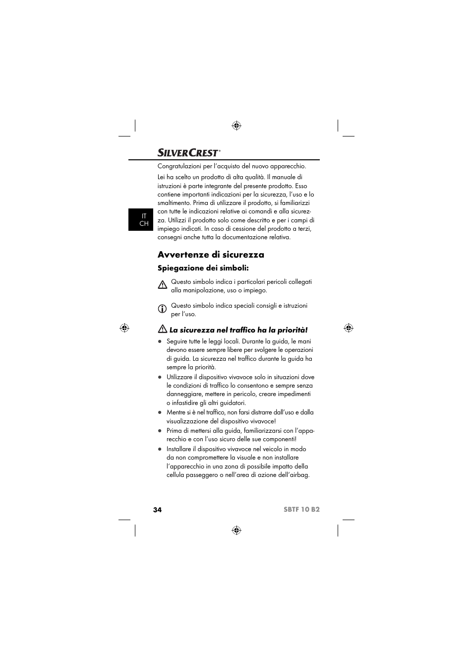 Avvertenze di sicurezza, Spiegazione dei simboli, La sicurezza nel traﬃ co ha la priorità | Silvercrest SBTF 10 B2 User Manual | Page 37 / 80