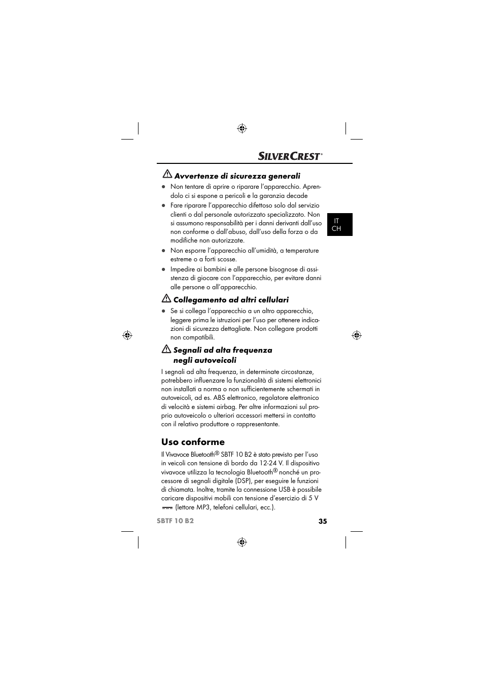 Uso conforme, Avvertenze di sicurezza generali, Collegamento ad altri cellulari | Segnali ad alta frequenza negli autoveicoli | Silvercrest SBTF 10 B2 User Manual | Page 38 / 80