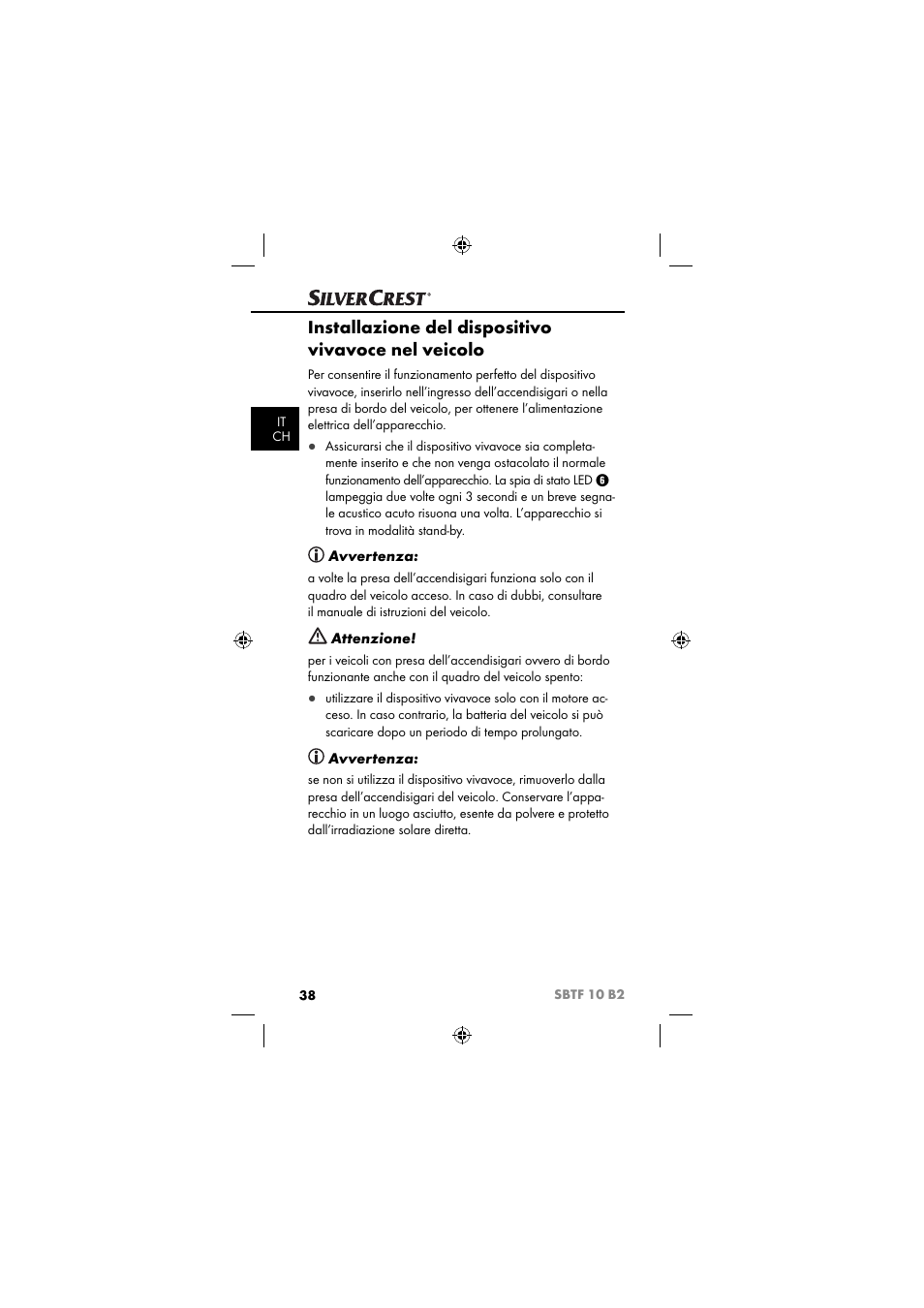 Installazione del dispositivo vivavoce nel veicolo, Avvertenza, Attenzione | Silvercrest SBTF 10 B2 User Manual | Page 41 / 80
