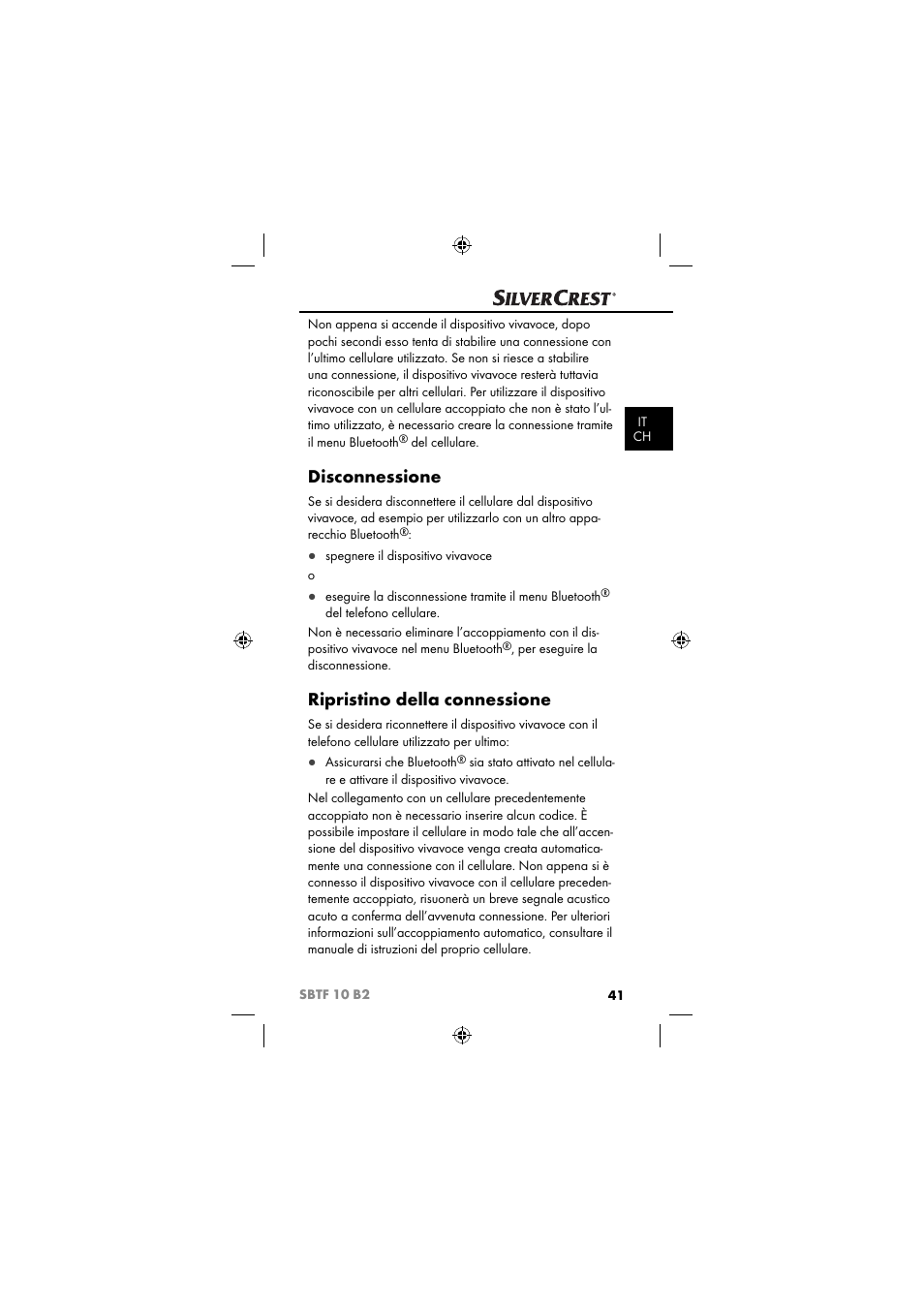 Disconnessione, Ripristino della connessione | Silvercrest SBTF 10 B2 User Manual | Page 44 / 80