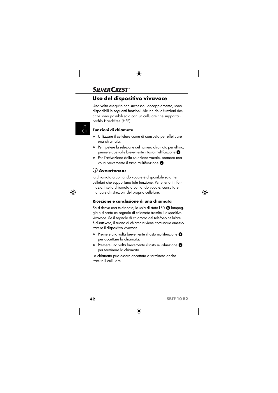 Uso del dispositivo vivavoce, Avvertenza | Silvercrest SBTF 10 B2 User Manual | Page 45 / 80