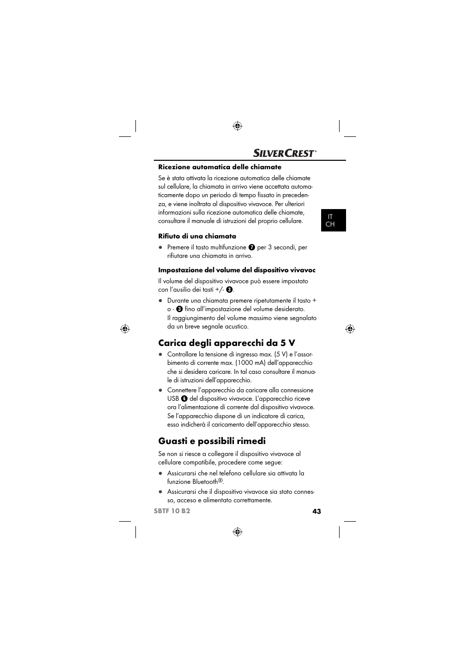 Carica degli apparecchi da 5 v, Guasti e possibili rimedi | Silvercrest SBTF 10 B2 User Manual | Page 46 / 80