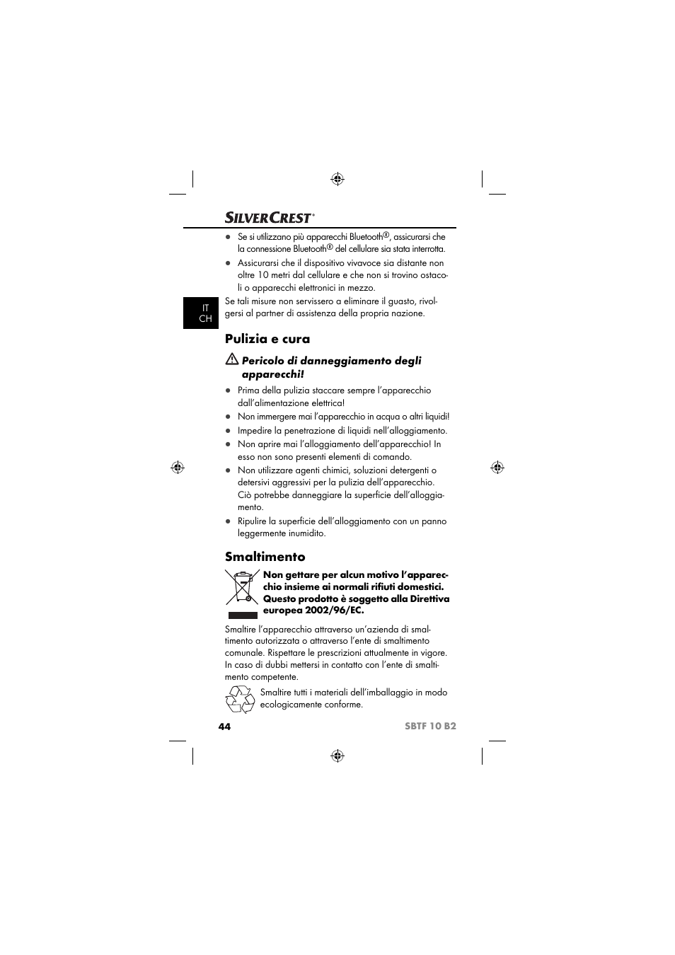 Pulizia e cura, Smaltimento | Silvercrest SBTF 10 B2 User Manual | Page 47 / 80