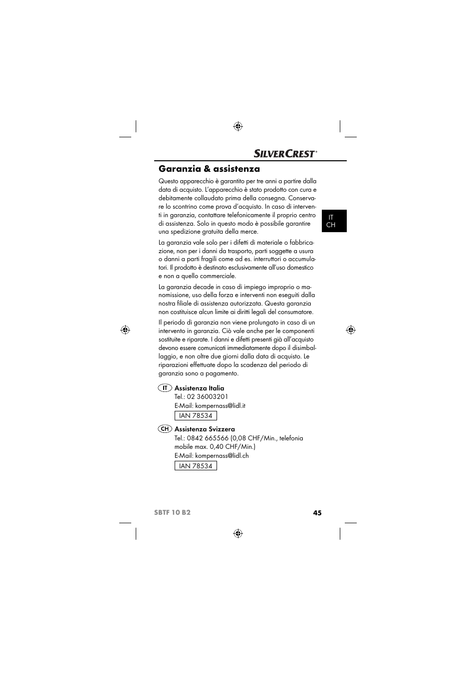 Garanzia & assistenza | Silvercrest SBTF 10 B2 User Manual | Page 48 / 80