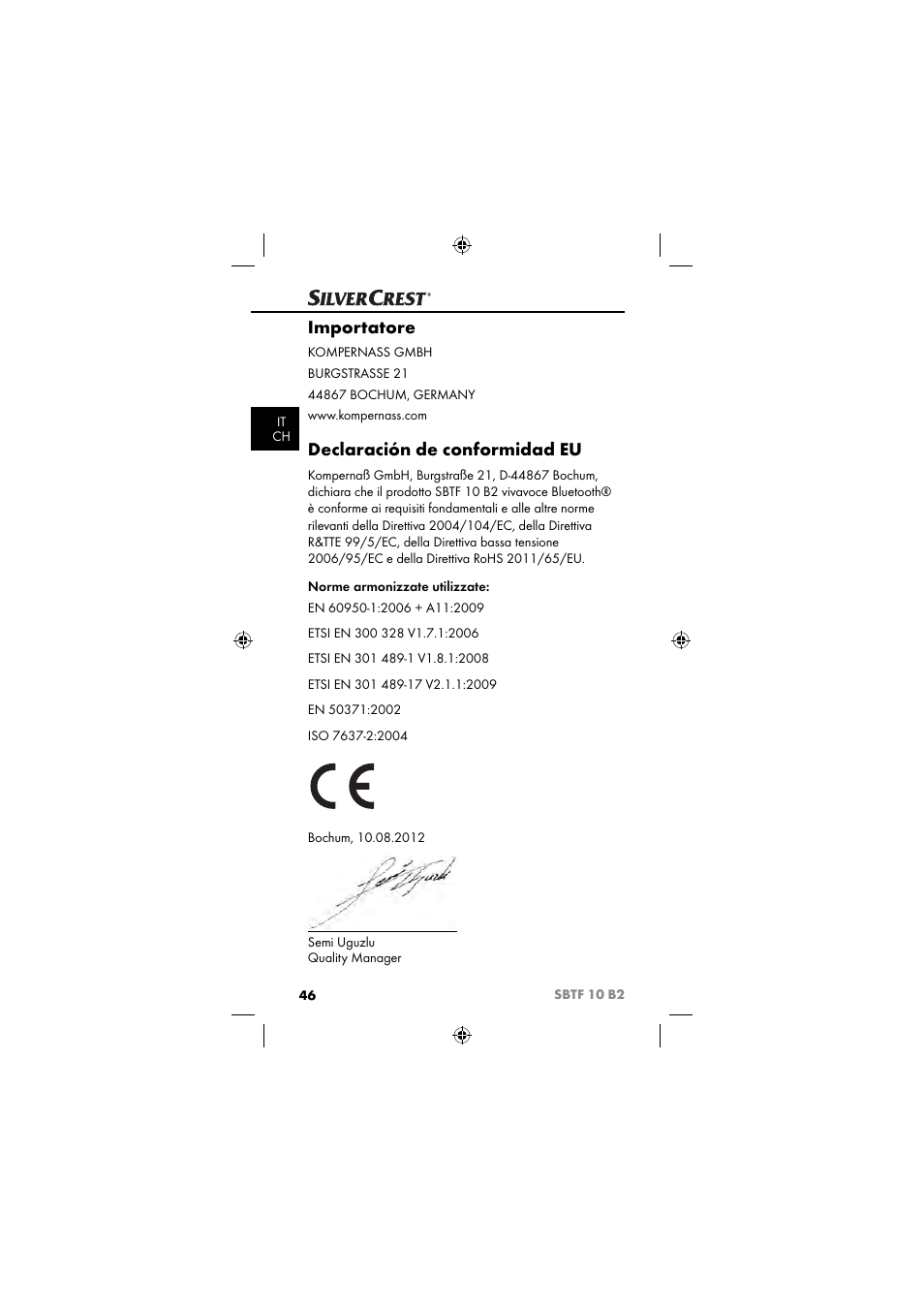 Importatore, Declaración de conformidad eu | Silvercrest SBTF 10 B2 User Manual | Page 49 / 80