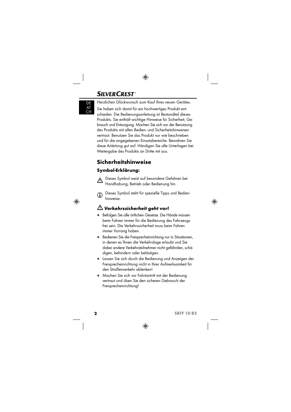 Sicherheitshinweise, Symbol-erklärung, Verkehrssicherheit geht vor | Silvercrest SBTF 10 B2 User Manual | Page 5 / 80