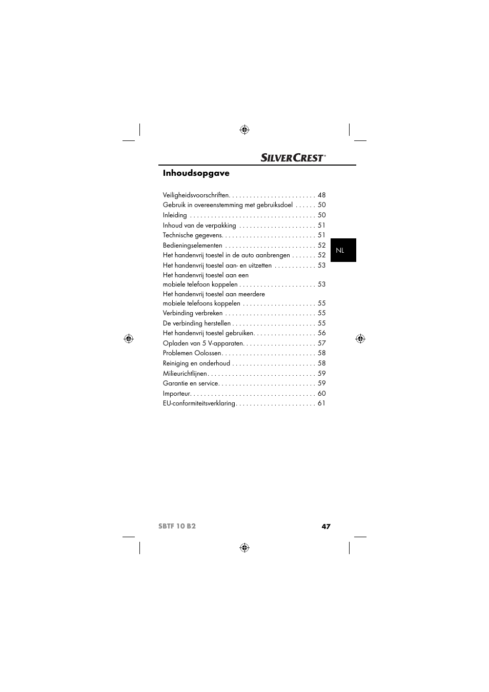 Inhoudsopgave | Silvercrest SBTF 10 B2 User Manual | Page 50 / 80