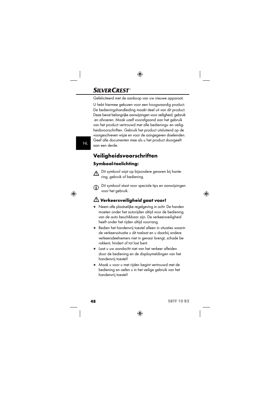 Veiligheidsvoorschriften, Symbool-toelichting, Verkeersveiligheid gaat voor | Silvercrest SBTF 10 B2 User Manual | Page 51 / 80