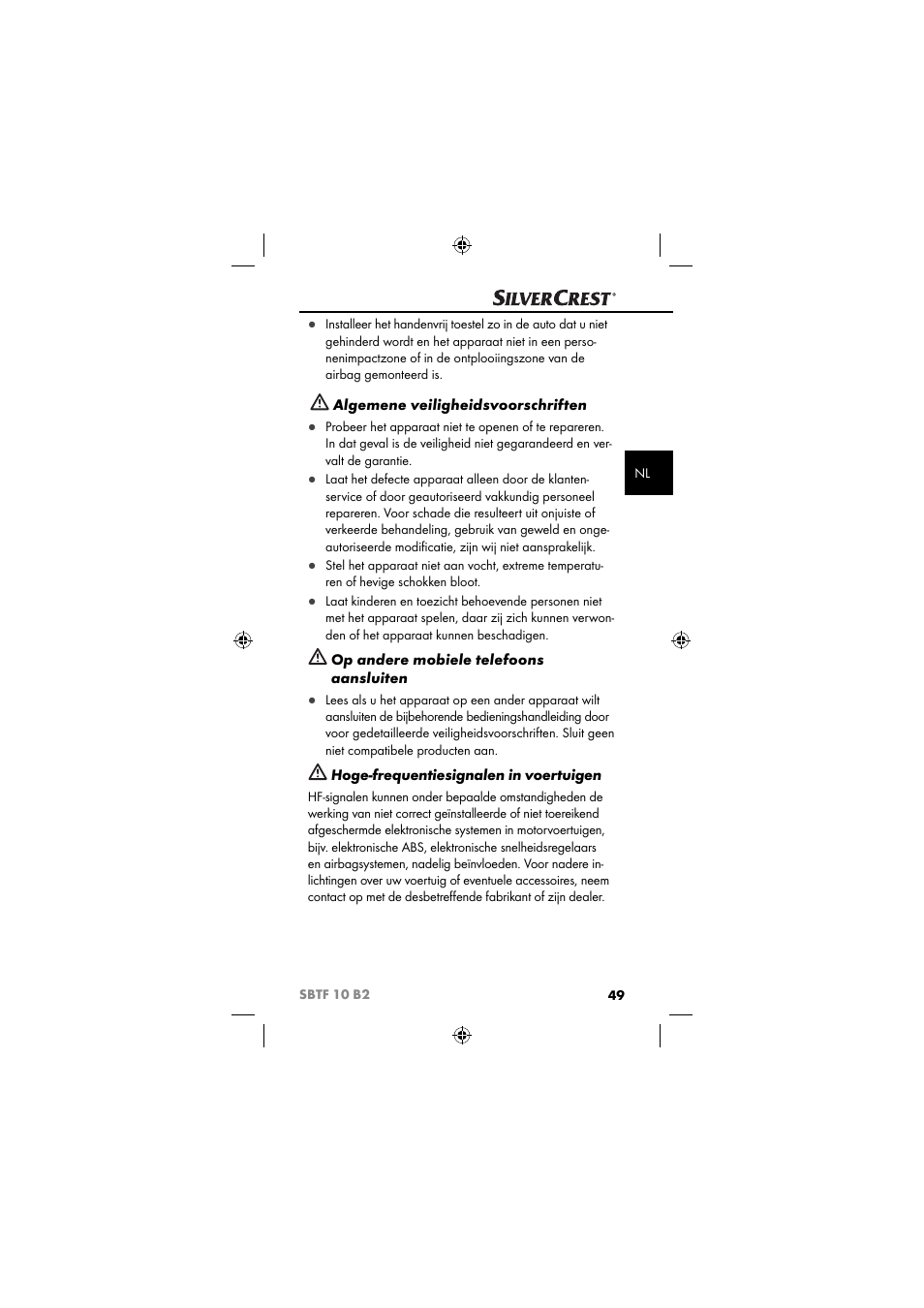Algemene veiligheidsvoorschriften, Op andere mobiele telefoons aansluiten, Hoge-frequentiesignalen in voertuigen | Silvercrest SBTF 10 B2 User Manual | Page 52 / 80