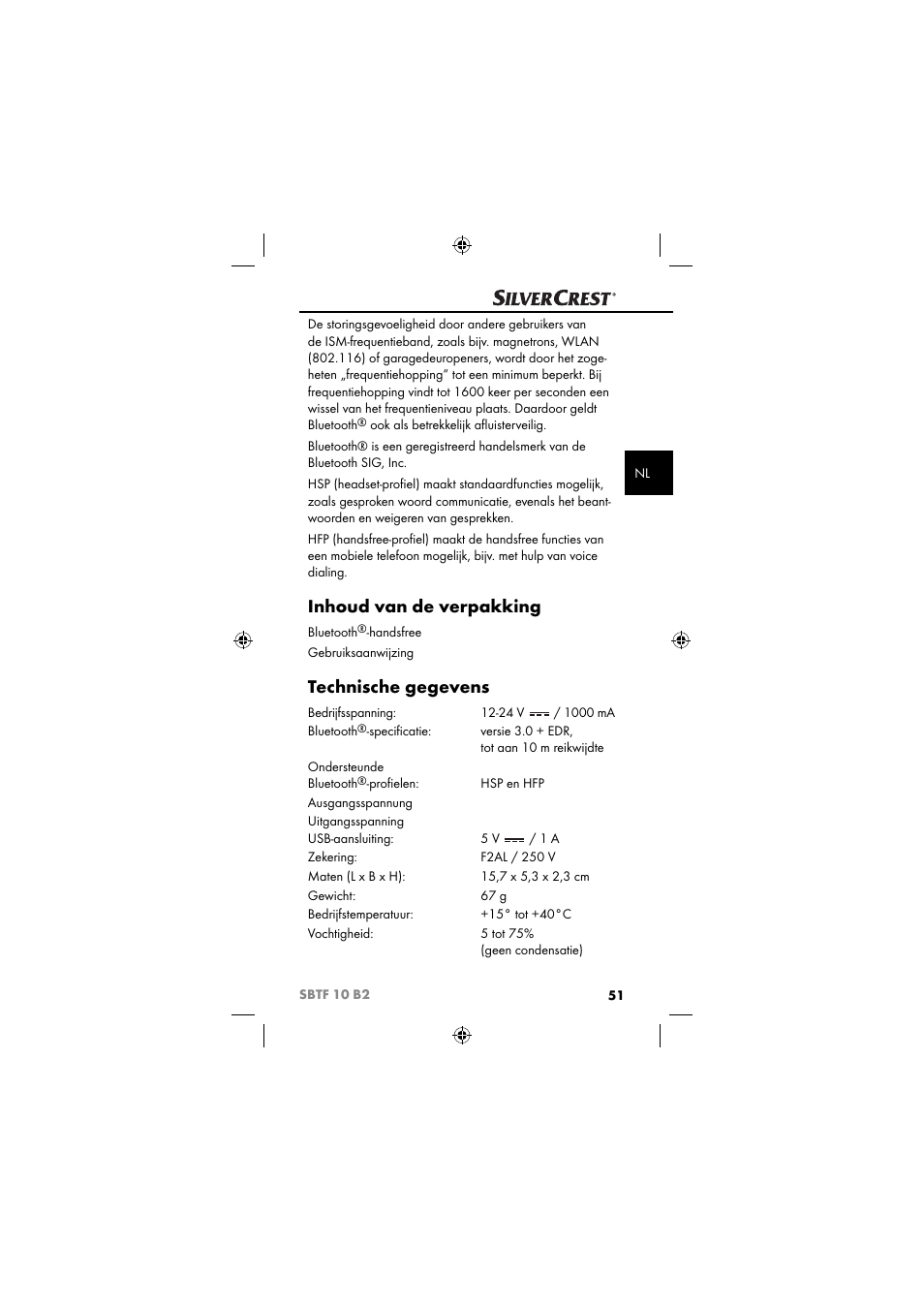 Inhoud van de verpakking, Technische gegevens | Silvercrest SBTF 10 B2 User Manual | Page 54 / 80